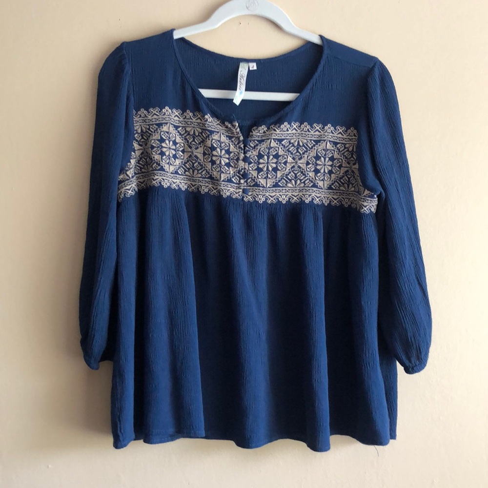 Andree Blouse Blue/Cream Embroidery SZ Large